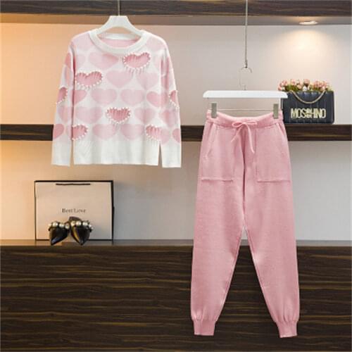 High Quality Autumn Fashion Sweet Love Heart Print Beading Long Sleeves Sweaters+Lace-Up Long Trousers Knit 2-Piece Sets Women