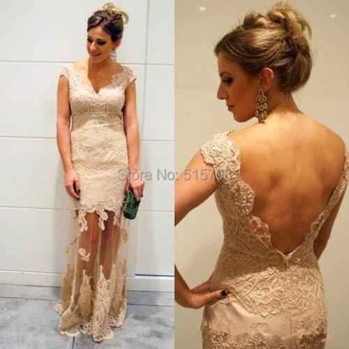 Cheap Formal Evening Dresses Backless Lace V neck cap sleeve Floor length Celebrity Formal Evening Party Long Prom Gown
