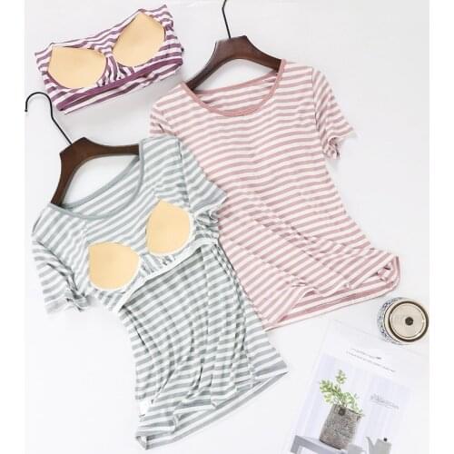 1 PCS Bra Padded Sleepwear Tops Casual Sleep Pajamas For Women Fashion Striped Cotton Base Shirt Ladies Bottoming Nightwear