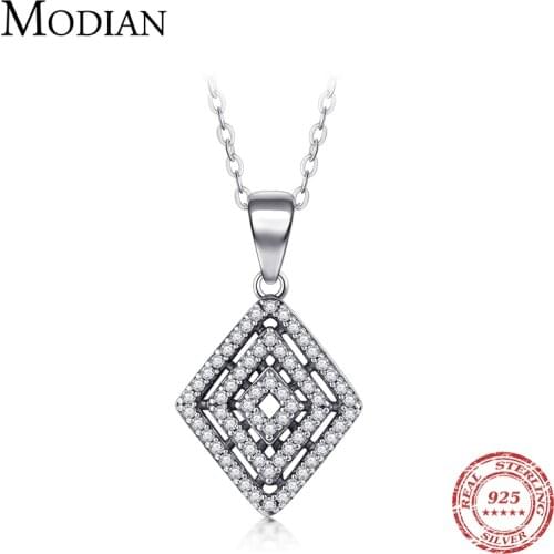 Modian Classic 925 Sterling Silver Retro Rhombus Charm Pendant Necklace for Women Link Chain Trendy Wedding Fine Jewelry Gift