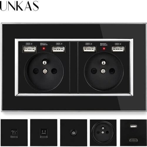 UNKAS Black Acrylic Panel EU/French Socket Dual USB Port + TV RJ11 Telephone RJ45 Internet Computer Jack 146mm * 86mm Outlet