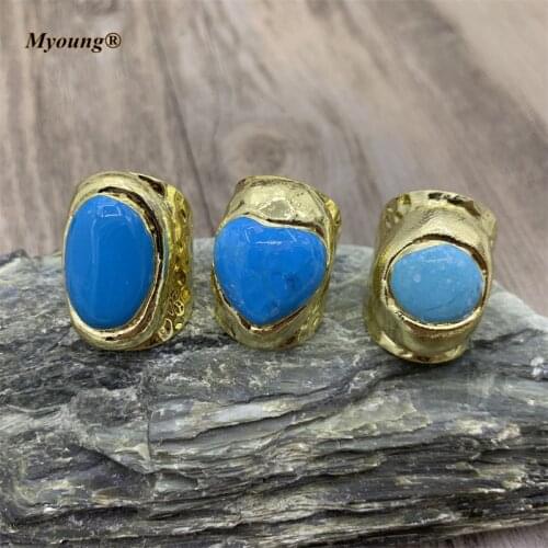 Pure Blue Turquoises Women Rings Gold-Plated Howlites Band Rings Natural Stone Boho Ring Jewelry MY210635