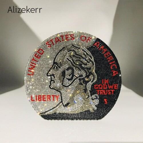 Color Rhinestones Coin Dollar Clutch Bag Luxury Shiny Half Round Box Party Evening Purse Ladies Chain Shoulder Bag High Quality