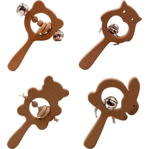 Wooden Rattle Beech Bear Hand Teething Wooden Ring Baby Rattles Play Gym Wooden Toys Bed Stroller Educational Toys 0-12Months