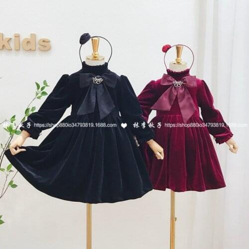 Childrens dress 2020 autumn and winter new foreign style girls big bow velvet long-sleeved dress with headband