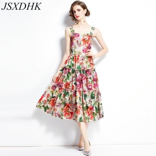 JSXDHK Fashion Summer Flower Backless Holiday Dress Runway Womens Floral Printed Ruffles Sexy Spaghetti Strap Boho Long Dresses
