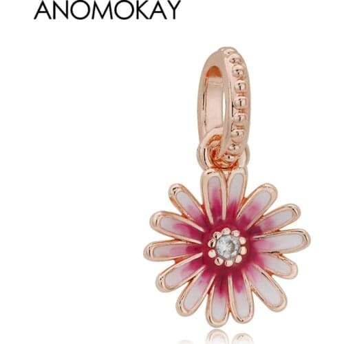 Classic Pink & White Enamel Dasiy Flower Charm fit Bracelet Nekclace Spring & Autumn Series Rose Gold Color Little Daisy Beads