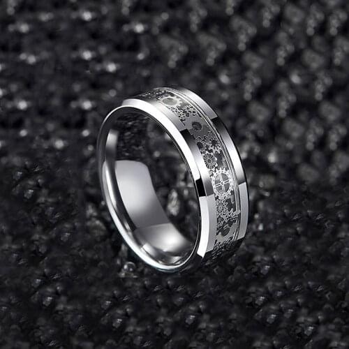 GANXIN 8MM Plated Black Carbon Fiber Titanium Steel Rings Steampunk Stainless Steel Gear Rings for Mens Jewelry Hip Hop anillo