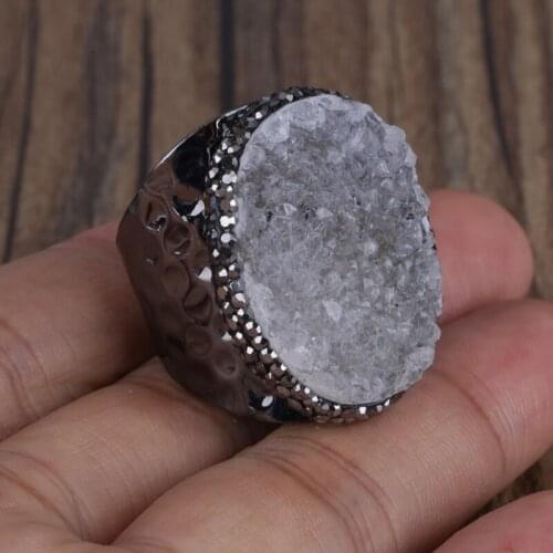 Gold Black Oval Rough Druzy Stone Charm Pave Rhinestone Beads Hammered Adjustable Open Big Ring Cuff For Women Man