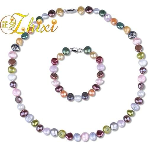 ZHIXI Baroque Pearl Jewelry Set Real Freshwater Pearl Choker Necklace Bracelet 8-9mm Fine Wedding brands Party Gift T206