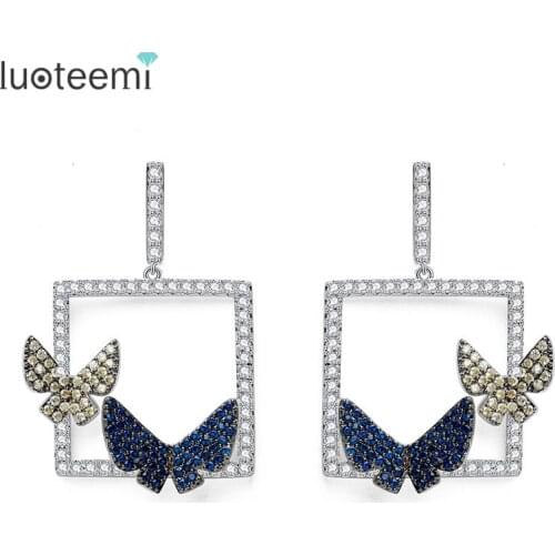 LUOTEEMI Tiny Shining CZ Micro Paved White Gold-Color Double Butterfly Dangle Earrings Brinco Jewelry For Women Bridal Gift