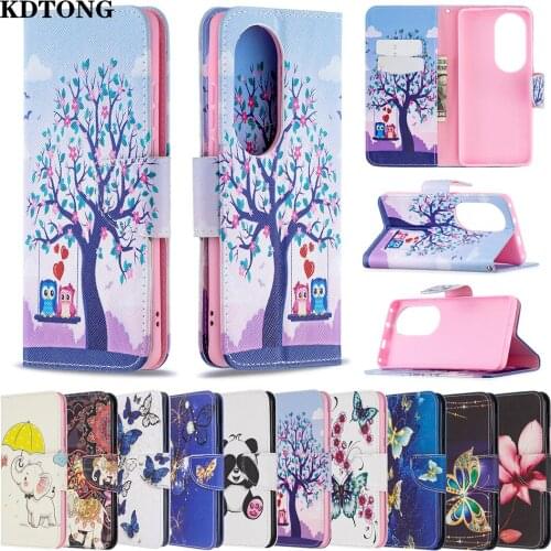 Cute Painted Phone Case for Huawei P50 P40 Lite E P30 Pro Etui Full Protect Cover Flip Leather Card Solt Kickstand Fundas Shell
