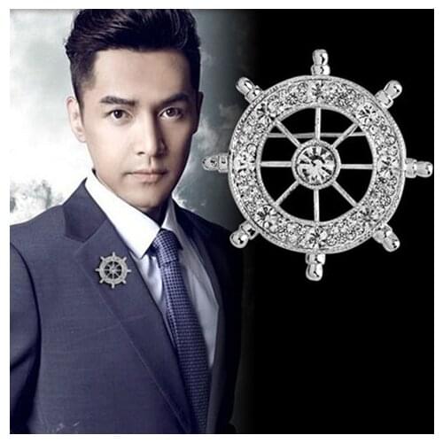 Crystal Brooch Golden Ships Rudder Brooches For Mens Suit Badge Lapel Pin For Men Women Special Gift Clothes Pin