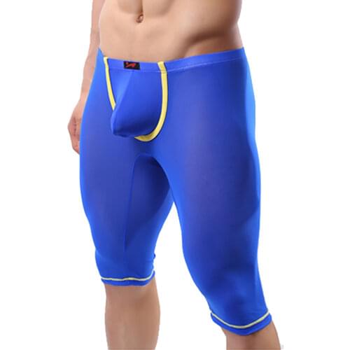 Mens underwear pouch boxers short transparent homme male gauze sleepwear long boxers sexy male pajamas see through pants