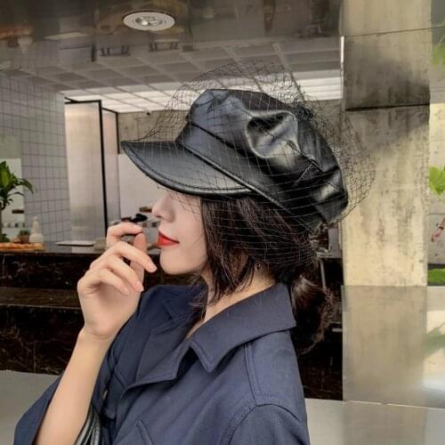 New mesh PU Leather Hat Womens autumn winter Beret