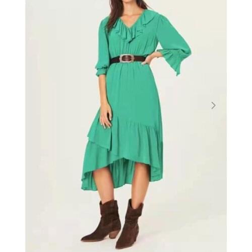 Pure Color He Leaf Edge V-neck Elastic Waist Nine-point Sleeve Long Dress VISCOSE