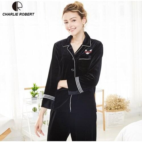 Gold Velvet Winter Women Pajama Sets Female Flannel V-Neck Print Casual Loose Home Clothes Winter Warm Suit Two Piece Lingerie