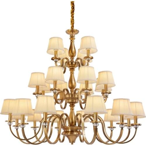 Brass Polished Multi Layer Crystal Pendant Chandelier American Retro Restaurant Lamps Fabric Shade Home Living Room Lighting D55