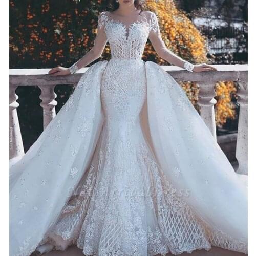 Robe De Mariee 2020Gorgeous Lace Wedding Dress Detachable Train Illusion Long Sleeve Mermaid Wedding Gowns robe de mariee