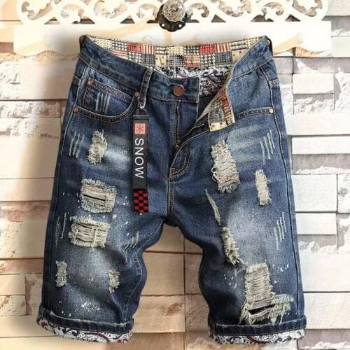 2021 Summer New Men Vintage Ripped Short Jeans Streetwear Hole Slim Denim Shorts Male Brand Clothes