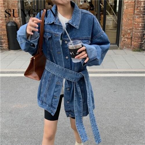 Sungtin Spring 2021 Women Denim Wrap Jackets Casual Harajuku Belt Vintage Streetwear High Street Cowboy Jacket Sashes Korean
