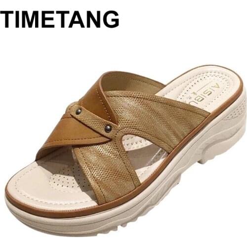 TIMETANGShoes Woman 2021 Low Slippers Summer On A Wedge Flower Big Size Luxury Slides Med Beige Heeled Sandals Pantofle Soft Des