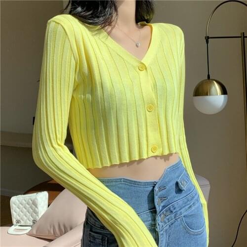 Vintage V-Neck Solid Long Sleeve Women Thin Sweater 2021 Knitted Cardigan Sweaters Femme Crop Tops