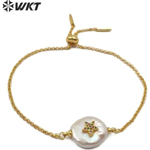 WT-MB113 WKT Natural Pearl ＆CZ Pave Stars,Heart Shape Gold Electroplated Bracelet Women Fashion Charm Bracelet Jewelry