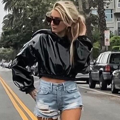 Women Style PU Leather Shiny Tops Short Cropped Hoodie Jacket Fashion Women Smooth Leather Jacket All-Match Hood Collar Slim Fit