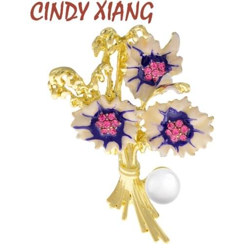 CINDY XIANG New Luxury Wedding Accessories Pink Rhinestone Flower Pins Brooch For Women Elegant Gold Metal Enamel Plant Brooches