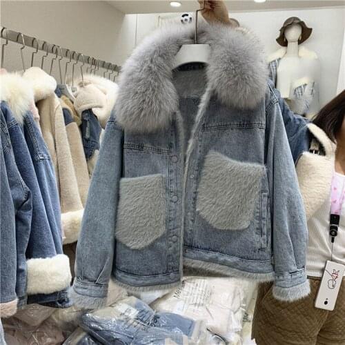 Winter new style artificial mink fur pocket big fur collar plus velvet denim short jacket warm cotton jacket womens jacket