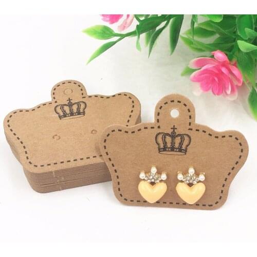 200pcs Crown Printed Kraft Paper Ear Studs Jewelry Display Card Earring Kraft Paper Tag Ear Ring Paper Hang Price Tags