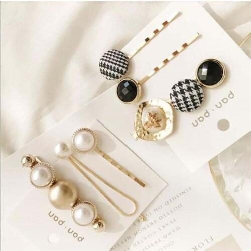 3pcs Fashion Women Houndstooth Button Imitiation Pearl Hair Clip Metal Heart Star Crystal Hairpin Barrettes Hair Accessories