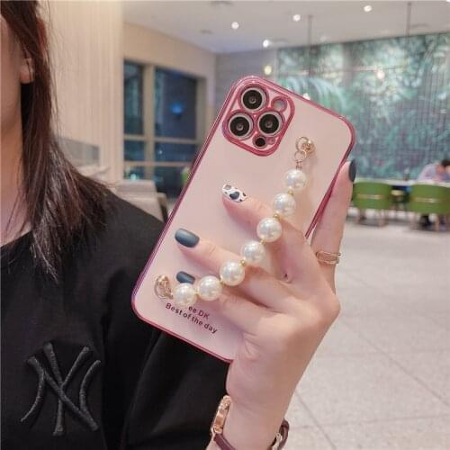 6D Plating Pearl Chain Case for Samsung galaxy Note 8 9 S9 Plus A31 A51 A71 A21 A11 A8 A7 2018 M31 M51 F62 Wrist Bracelet Cover