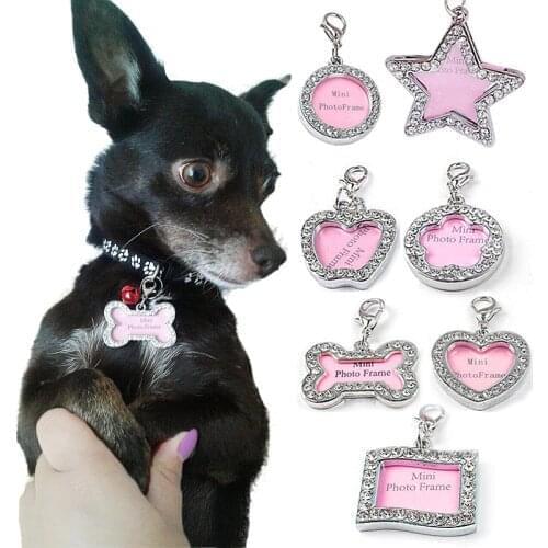 Fashion Silver Bone Heart Dog Tag Collar Pendant Necklace Crystal Decorated DIY Hand writing Pet Dog Information Board Tag