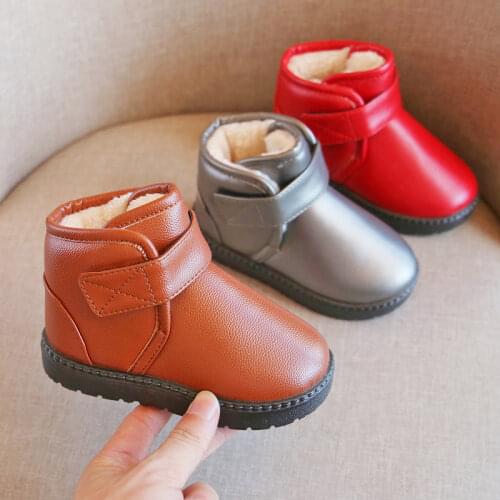 JGSHOWKITO Fashion Warm Rubber Boots For Children Boys Girls Snow Boots PU Leather Water-proof Kids Ankle Boots Simple Classical