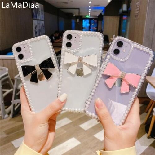 Case For iphone 11 12 Pro MAX X XS MAX XR 5S 6S 7 8 PLUS Fashion Glitter Bling Pearl Rhinestone Diamond Bow Phone Case