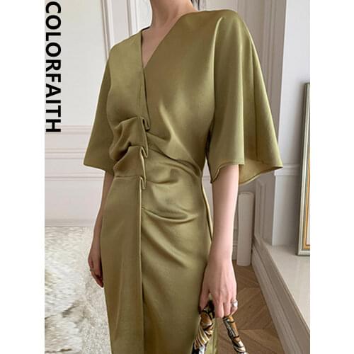 Colorfaith New 2021 Women Summer Dresses Elegant Lady Vintage Fashionable Chic Pure Fold Raglan Sleeve Pleated Mini Dress DR1906