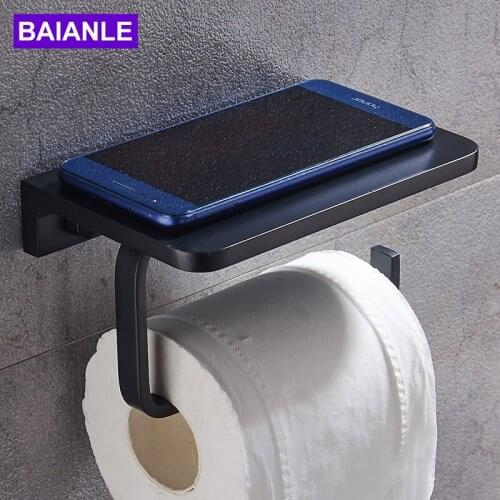 Bathroom Roll Paper Holder Black Aluminum Paper Towel Holders Wall Mounted Shelf Toilet Paper Roll Holder WC Tissue Paper Holder