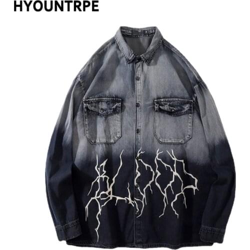 Mens Lightning Graffiti Denim Jackets Fashion Long Sleeve Autumn Shirts Coats Outerwear Hip Hop Casual Streetwear Jeans Jackets