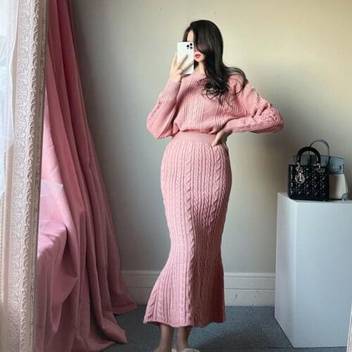Elegant Women Knitted 2 Pieces Set O Neck Twisted Pullovers & Elastic Waist A-Line Skirt 2021 Autumn Winter Sweater Set Female
