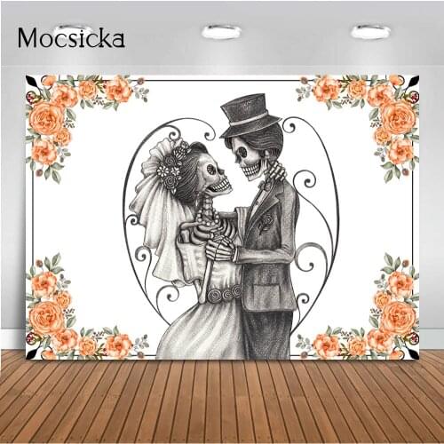 Skeleton Bride and Groom Wedding Backdrop Sugar Skull Photo Background Halloween Nightmare Before Christmas Till Death Do Us