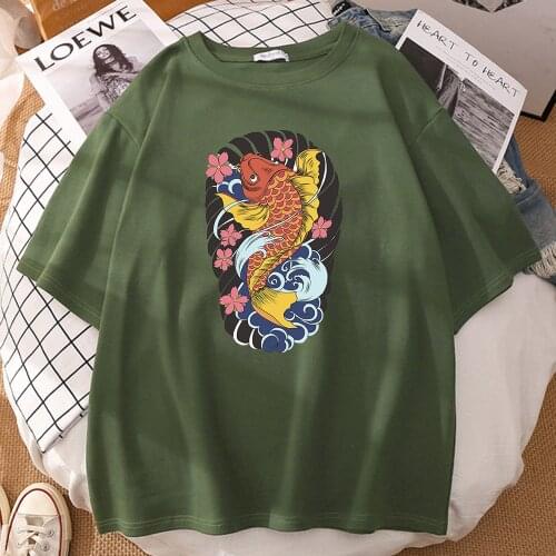 Japanese Painting Golden Carp Printing Man T-Shirt Oversized Casual Clothing Fashion Style T Hirts Spring Summer Mens T Shirts