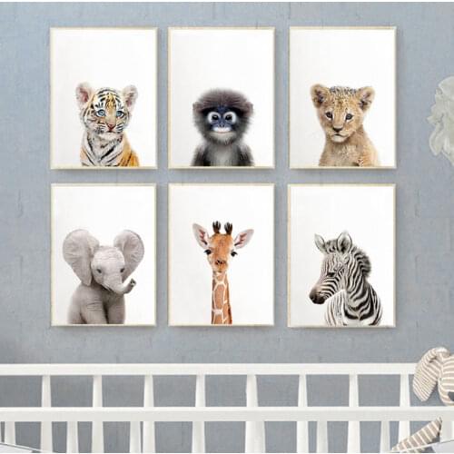 Art Canvas Painting for Kids Room Orangutan Zebra PictureToddler Animal Wall Art Tiger Lion Posters and Prints Elephant Giraffe