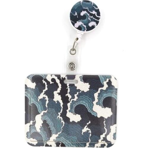 Kanagawa Hokusai Wave Cute Card Cover Clip Lanyard Retractable Student Nurse Badge Reel Clip Cartoon ID Card Badges Holder