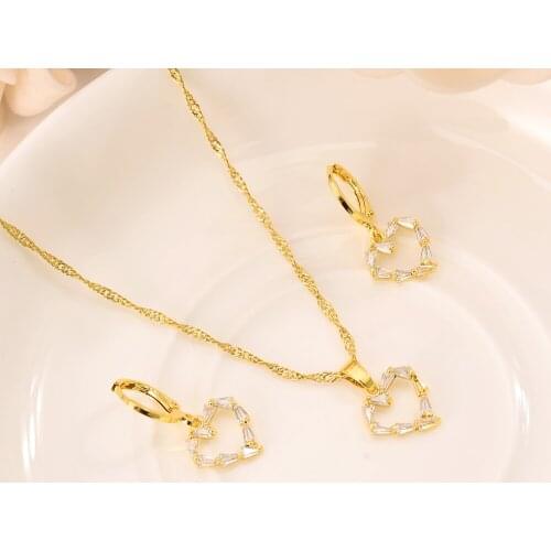 Gold cz stone crystal heart pendant Necklace Earring Set ewelry Sets girls women bridal wedding party mother gifts