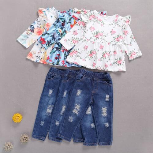 2020 Baby Spring Autumn Clothing 2 Pieces Kids Suit Set, Floral Print Round Neck Long Sleeve Top and Ripped Jeans for Girls