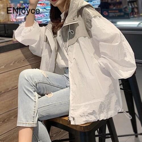 Women Basic Stitching Hooded Thin Jacket Sunscreen Zipper Coats Casual Long Sleeves Windbreaker Loose Outerwear Jackets Summer