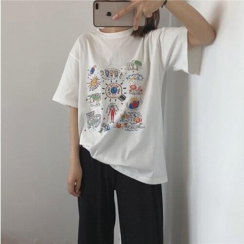 Summer White T Shirt Women Graffiti Print Vogue Harajuku Tshirt Plus Size Aesthetic Short Sleeve T-shirt Camiseta Mujer
