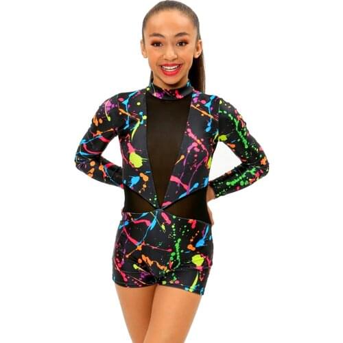 MiDee Patchwork V-neck Gymnastics Leotard Girls One Piece Long Sleeves Knee-length Hip-hop Street Dance Wear Rashguard Swimsuit